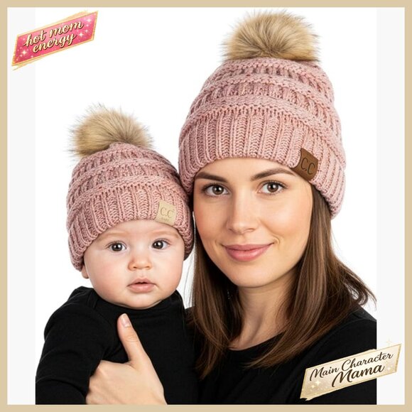 Mommy & Me Pom Pom Beanie Set Matching Winter Hats Cozy Chic Family Style